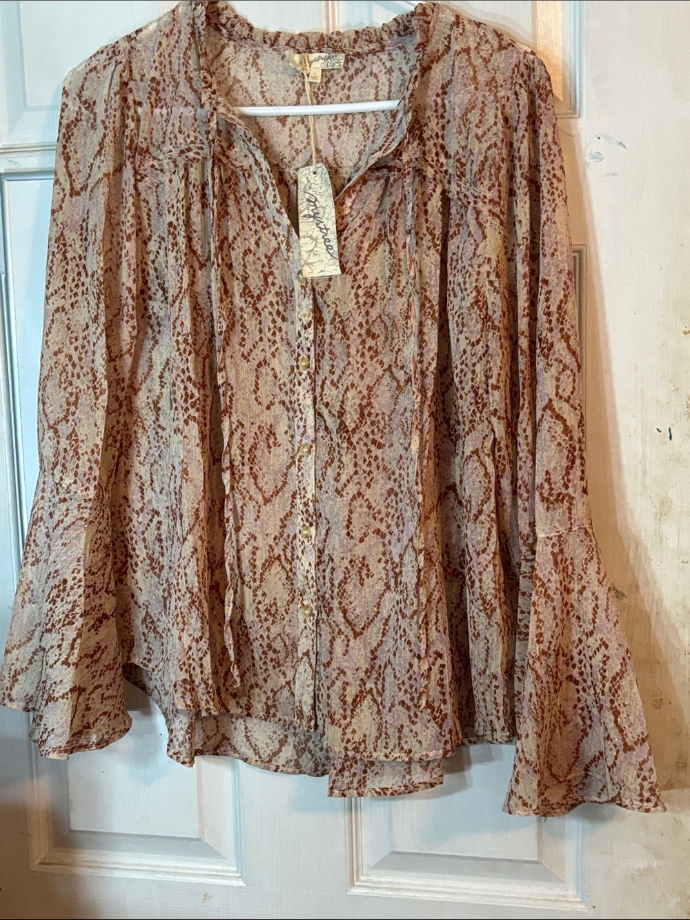 Mystree Sheer Animal-Print Blouse in Taupe and Brown Size Large